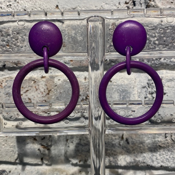 Vintage Jewelry - Retro Wooden Purple Hoop Earrings